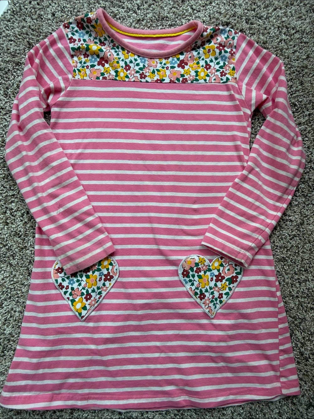 Amazon Girls' size 7 Pink Striped Long-Sleeve Tunic with Floral Heart Pockets